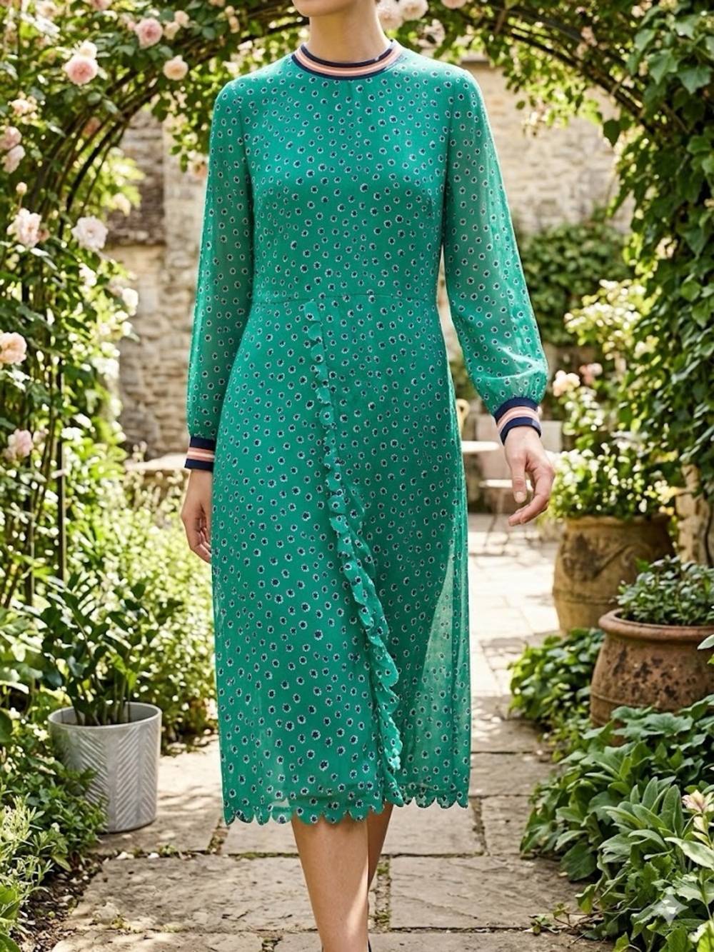Ted Baker Teal Long-Sleeve Printed Dress with Striped Collar and Cuffs - Size 4